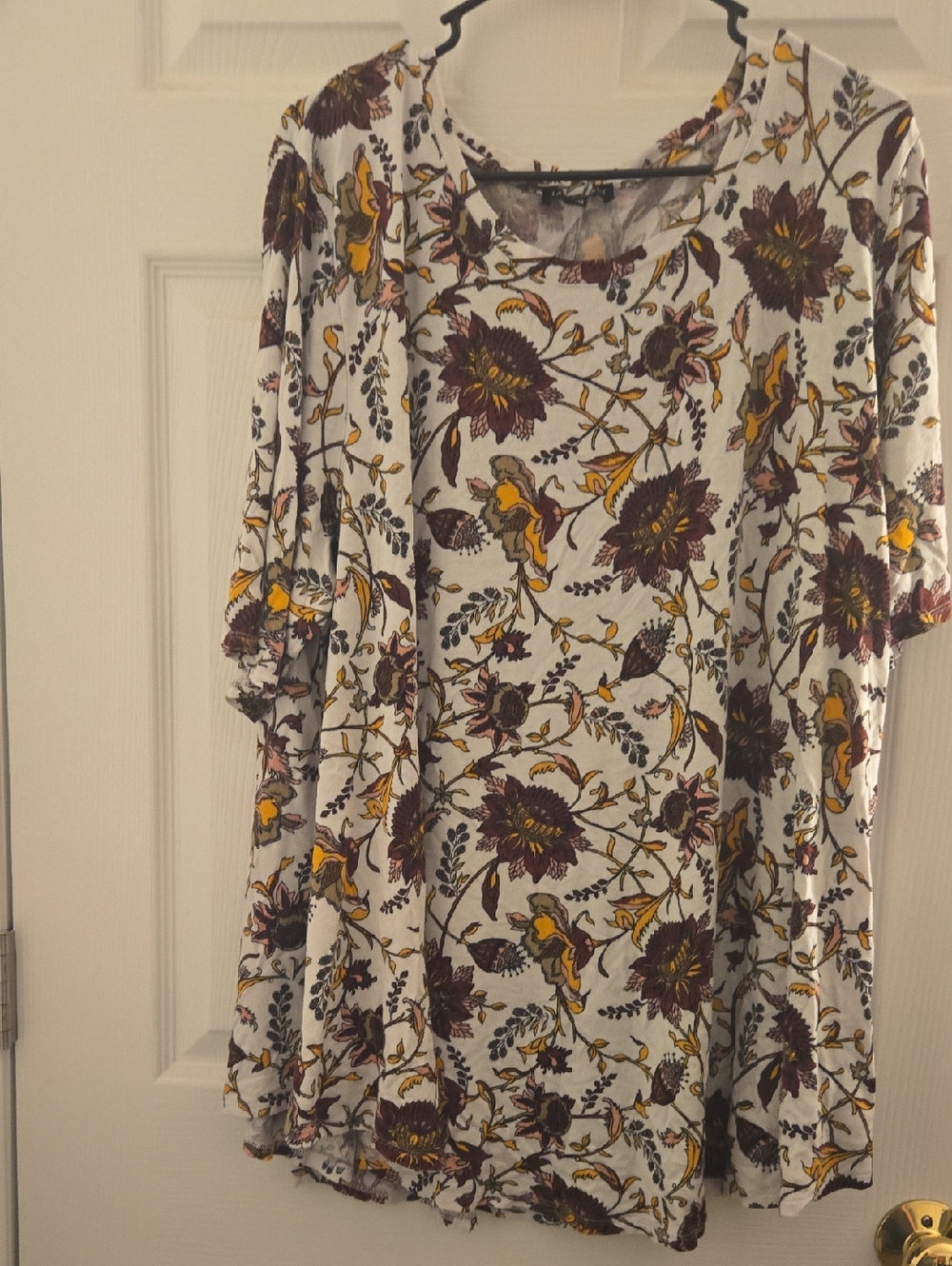 Women's White Floral Short-Sleeve Top with Yellow & Red Accents